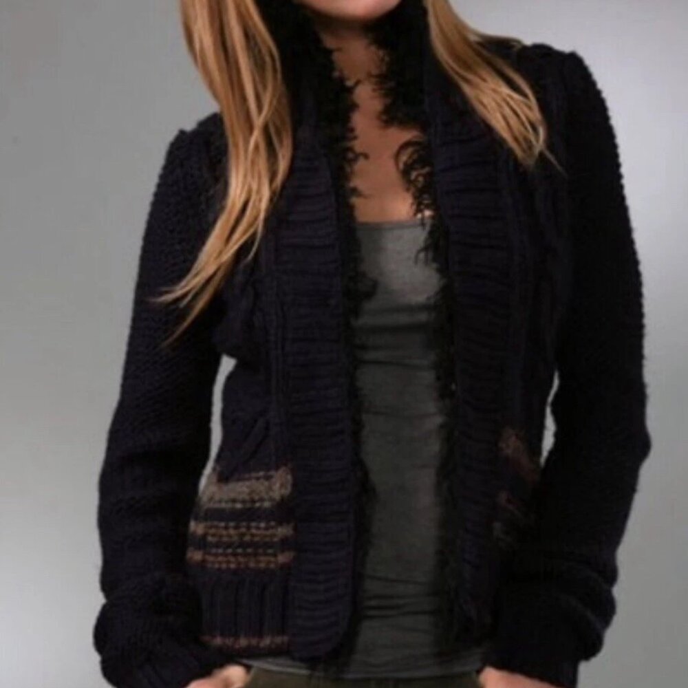 Free People Women's Navy and Black Knit Cardigan Size Medium